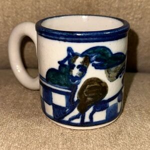 DEBBIE DEAN Small Handmade Signed Folk Art Blue/White Pottery Mini Mug 2.5”